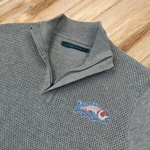 Hand Embroidered Sweater Textured Quarter Zip Fish Salmon Fishing Men's Small
